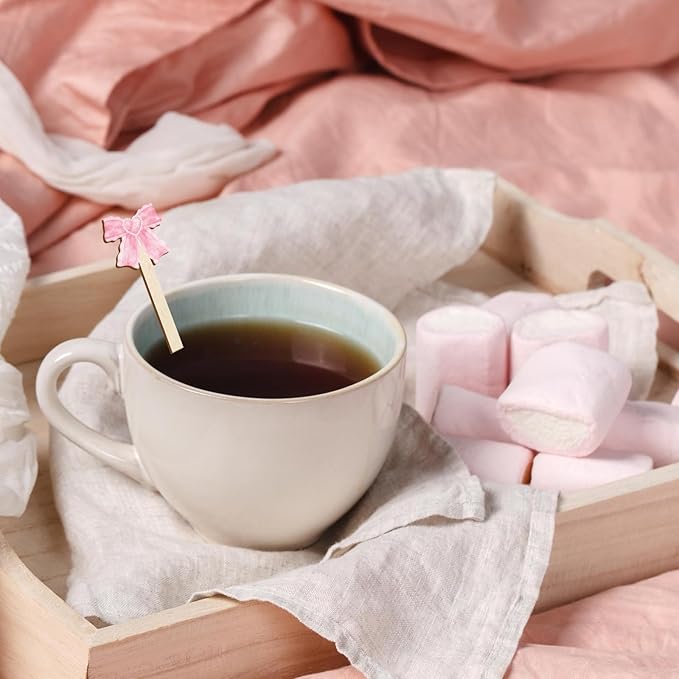 JarThenaAMCS 120Pcs Pink Bow Coffee Stirrers Watercolor Multiple Bowknot Disposable Stir Sticks Wooden Drink Stirrers for Home Office Bar Restaurant Party Supplies