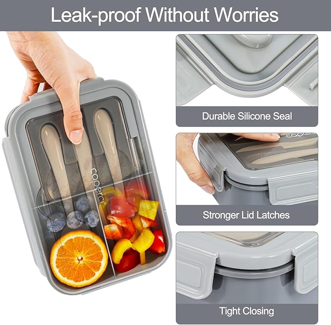 Caperci Classic Bento Box Adult Lunch Box for Older Kids - Leakpoof 47 oz 3-Compartment Lunch Containers for Adults and Teens, Built-in Utensil Set, Ideal for On-the-Go Balanced Eating, Gray