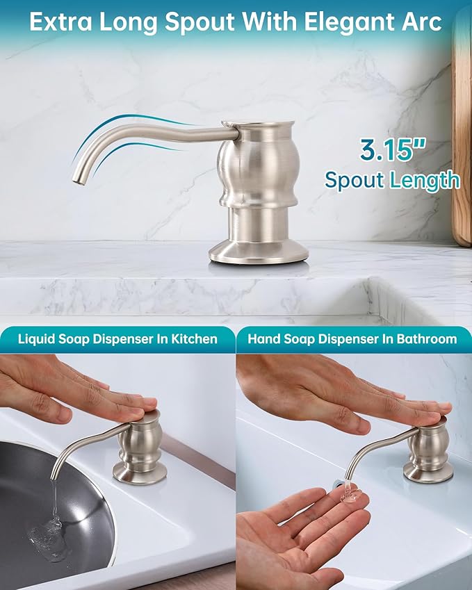 Built in Deck Mount Liquid Lotion Kitchen Countertop Metal Soap Dispenser, Brushed Nickel Brass Dispenser Pump with 47.2" Silicone Long Tube for 0.79 "- 1.38" High Capacity Bottle Mouths