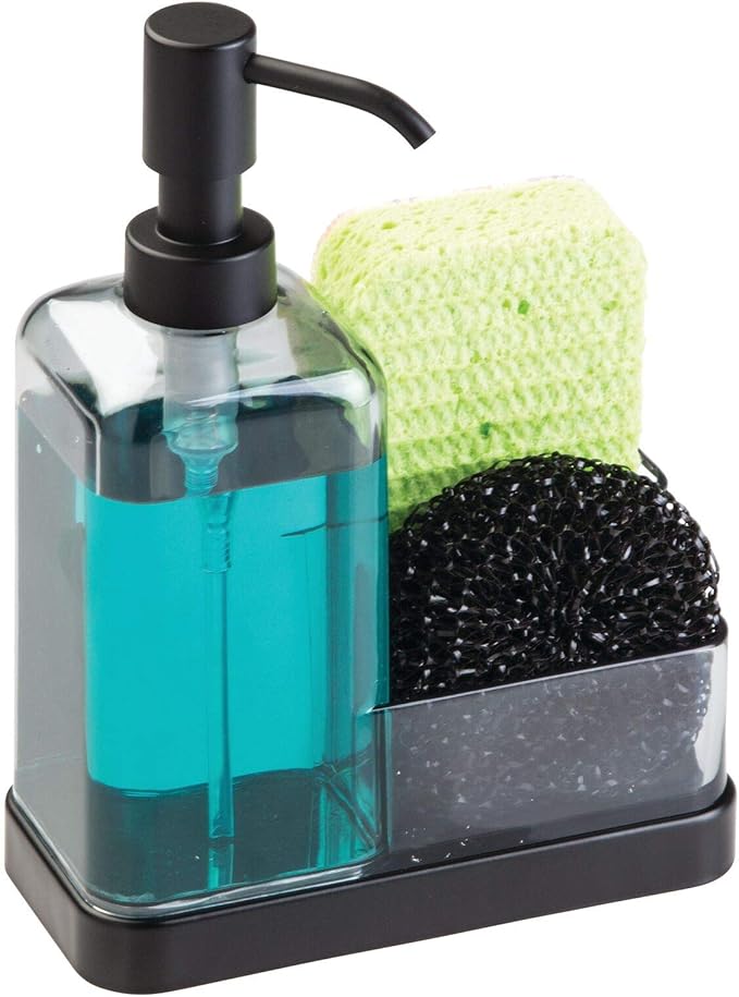 mDesign Soap Dispenser Pump with Sponge and Scrubber Organizer for Kitchen Countertops - Graphite/Matte Black