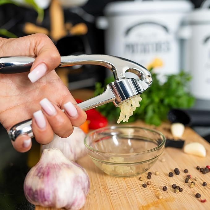 Premium Garlic Press, Garlic Mincer Set of 3 with Silicone Roller Peeler & Cleaning Brush, Extremely Durable Garlic Crusher, Ergonomic Handle, Extracts Most Garlic Paste Per Clove