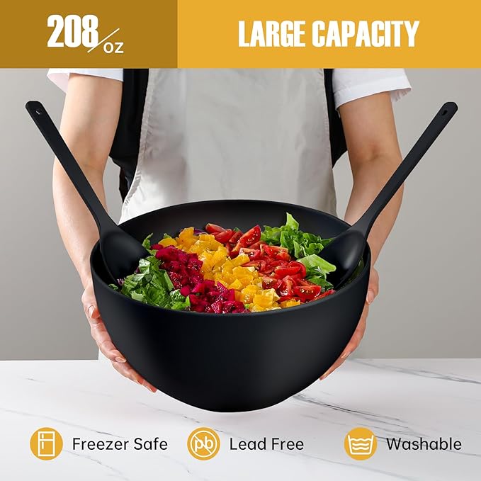 12.6" Extra Large Salad Bowl with Lid, 8.4QT Nature Bamboo Fiber Mixing and Serving Bowl with Lid, Spoon and Fork for Fruits,Salads and Vegetables (Black)