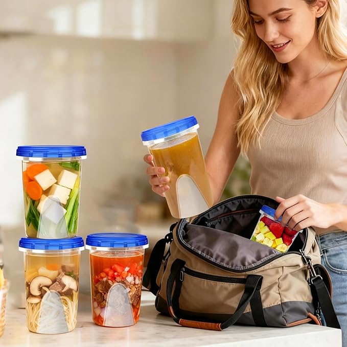 Palksky Freezer Storage Containers with Lids (12 Pack) - 30 oz Round Plastic Food Containers for Meal Prep, Soup, Deli & Leftovers