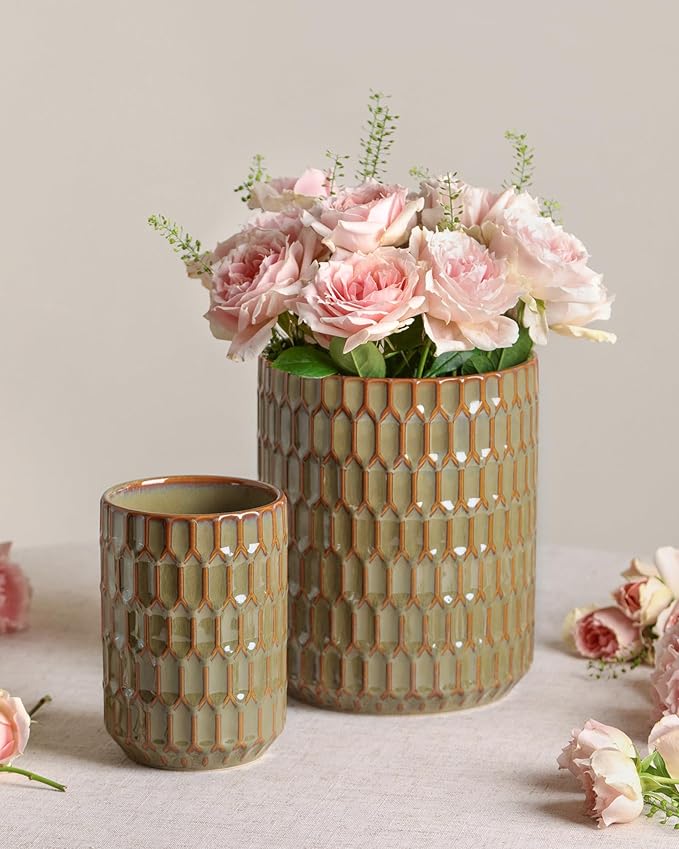 Utensil Holder, 7.5"+5.3" Ceramic Kitchen Utensil Holder for Countertop, Large Cooking Utensil Crock for Kitchen Counter, Set of 2, Green