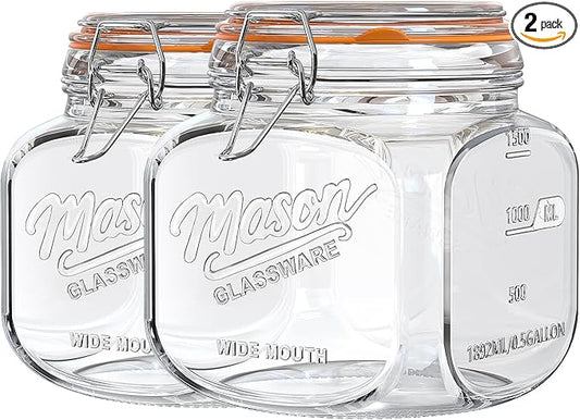 2 Pack Half Gallon Mason Jar with Hinged Lid, Wide Mouth Glass Canisters for Food Storage, Cookie, Flour, Candy, Coffee, Pickle - 64 Oz Glass Jar with Lid - 2 Scale Marks & Vintage Mason Jars