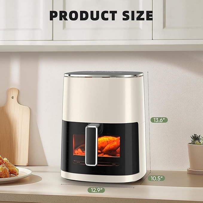 Hexago Air Fryer-6.34 QT Large Airfryer with Clear Window, 12-in-1 Air Fry, Roast, Reheat, Dehydrate, Bake, Steam with 400F, Touchscreen Controls, Beige