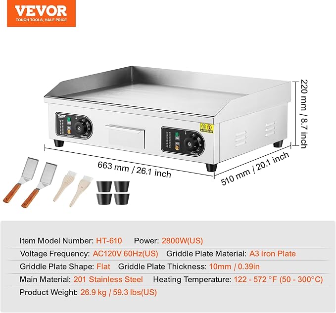 VEVOR Upgraded Commercial Electric Griddle, 2800W Stainless Steel Countertop Flat Top Grill, 26'' Griddle Grill with 2 Shovels and 2 Brushes, 122℉-572 ℉ Adjustable Temp, for Home Restaurant(No Plug)