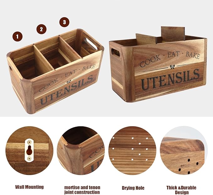 Utensil Holder for Kitchen Countertop - Extra Large 3 Compartment Wooden Organizer in Acacia Wood, Storage for Cooking Tools and Cutlery, Farmhouse Style for Home Cooking