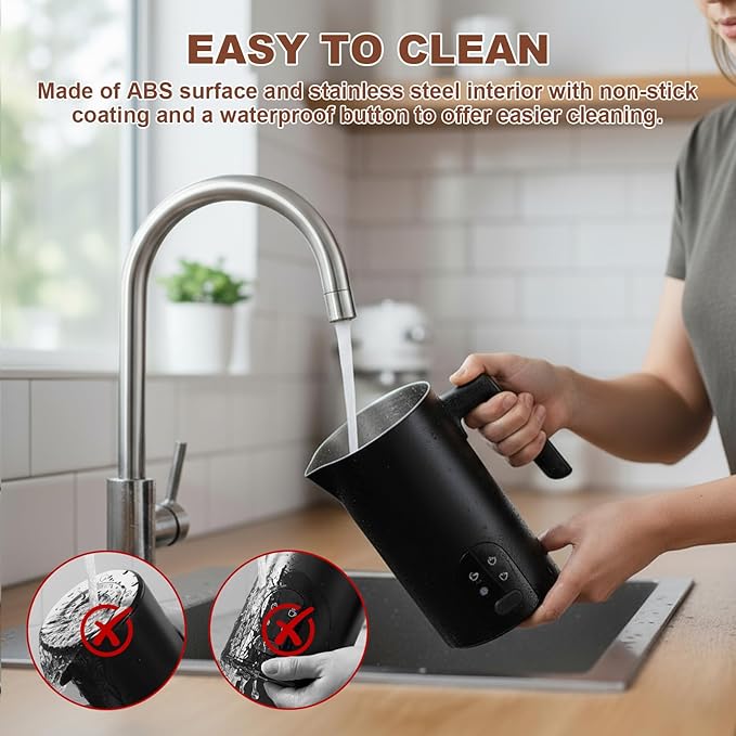Electric Milk Frother Automatic Hot & Cold Foam Maker Auto Shut-Off Durable Stainless Steel Milk Frother with 4 Functions Enjoy Perfect Milk Froth in 2 Min for Coffee, Latte, Macchiato (Black)