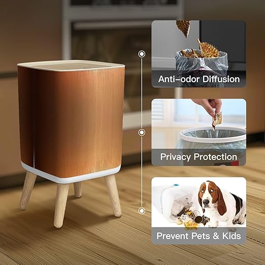 Small Trash Can with Lid Bronze Copper Metal foil Abstract Modern Wastebasket with Press Cover Dog Proof Garbage Can Waste Bin for Kitchen Bathroom Nursery 2.6 Gallon