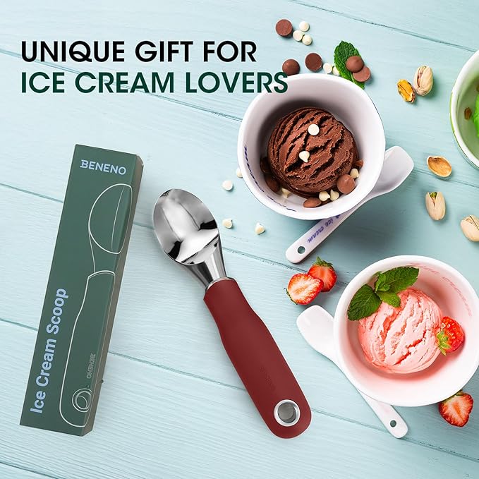 Beneno Heavy Duty Ice Cream Scoop - Upgraded Anti-Fracture Design, Comfortable Grip Long Handle, Effortless Scooping & Dishwasher Safe, Red