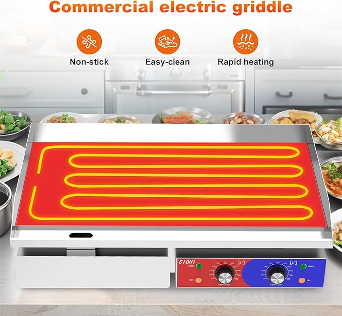 29’’ * 16’’ Commercial Electric Countertop Griddle -110V Flat Top Griddles w/ 122-572°F Adjustable Temperature and Non-Stick, 3000W Stainless Steel Electric Griddle w/ 10mm Thick Cast Iron