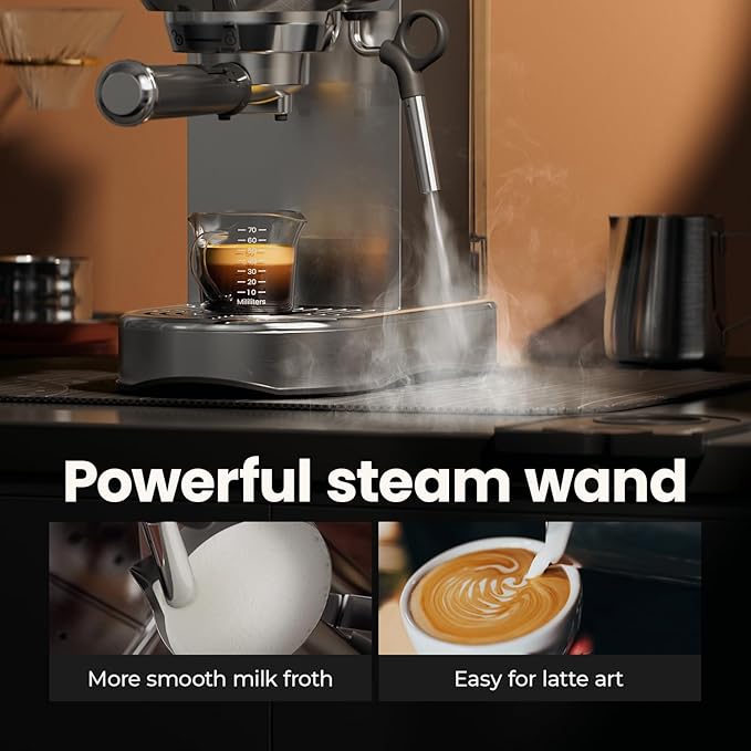Espresso Machine 20 Bar, Compact Espresso Maker Stainless Steel 1450W Professional Coffee Machine for Latte & Cappuccino with Steam Wand