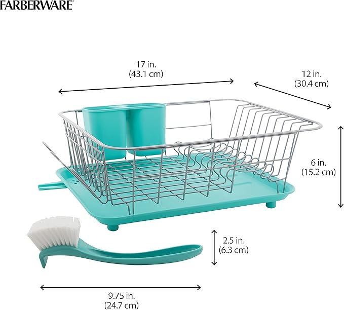 Farberware Compact Dish Drying Rack with Frost Sink Brush, Removable Drainboard and Flatware Caddy, Holds 9 Plates - Teal, Rust-Resistant for Small Kitchens