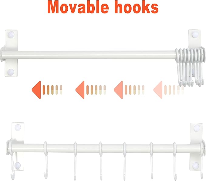 Dseap Kitchen Hooks for Hanging Utensils, Hanging Pot Rack, Kitchen Utensil Hanger Rail with 8 Hooks for Pots Pans, Spoons, Mugs, Wall Mounted, Stainless Steel, White, Pack of 2