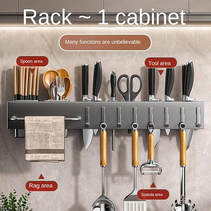 New Multi-Functional Kitchen Rack Home Wall-Mounted Knives Chopstick and Spoon Storage Rack Punch-Free cookware draining Rack, 30, Gray