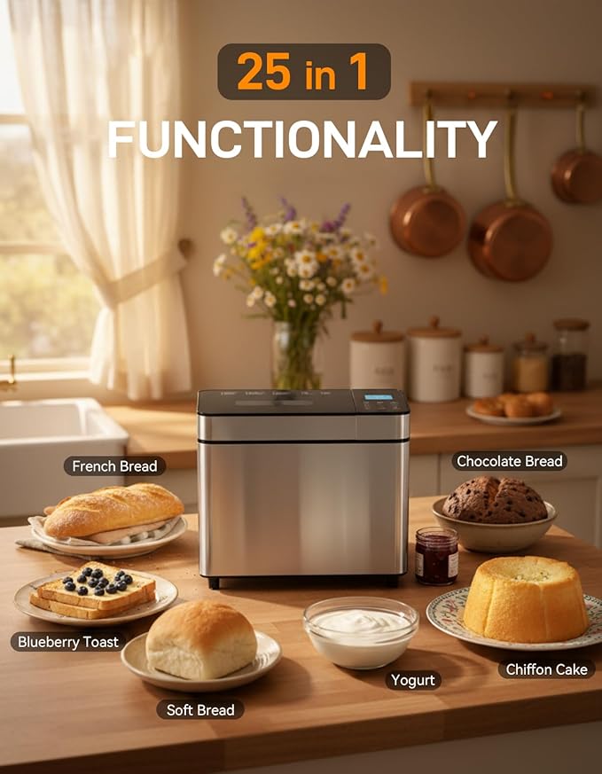 MERIOR 25-IN-1 Bread Maker with Visible Lid | 2lb Automatic Machine, Auto Nut Dispenser, 13-Hour Delay Timer, One-Touch Control & Recipes – Easy Operation, High Success for Homemade Bread