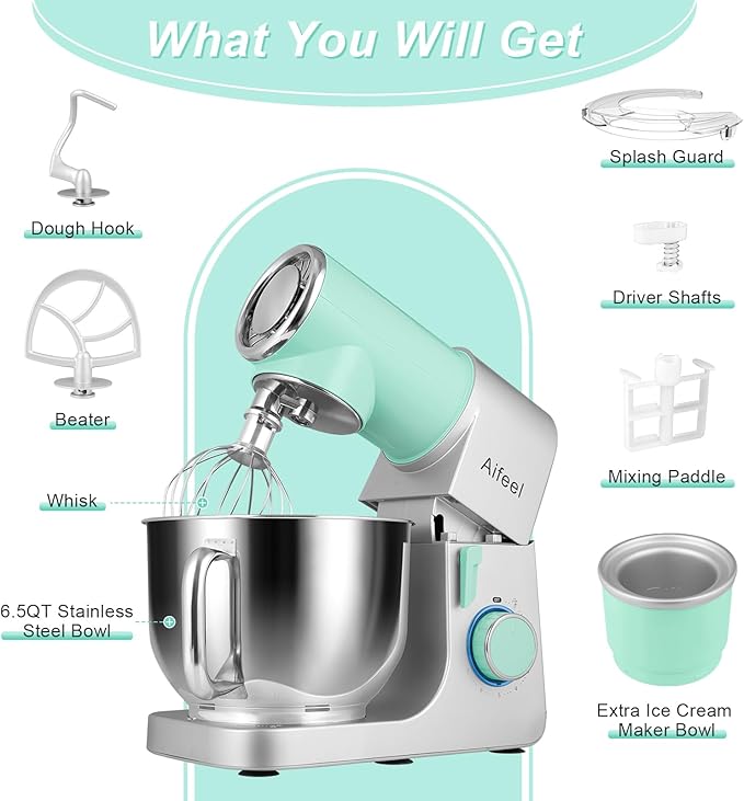Aifeel Stand Mixer, 6.5QT Mixer with Ice Cream Maker Attachments, Kitchen Electric Mixer Multifunctional Bread Dough Mixer with Dough Hook,Whisk & Beater, Food Mixer for Baking (Green-Silver)