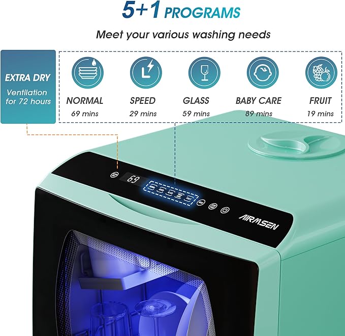 AIRMSEN Portable Countertop Dishwashers, 5 Washing Programs Mini Dishwashers with 5 L Built-in Water Tank and Double-layered Glass Door, No Hookup Needed for Home, Apartments & RVs