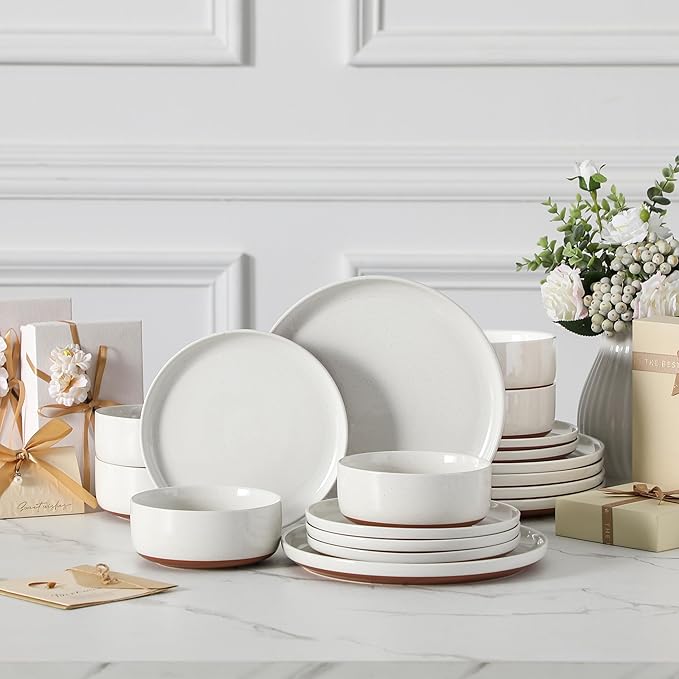 MALACASA Plates and Bowls Sets, 18 Pieces Modern Ceramic Dinnerware Set for 6 Kitchen Dinner Set Stoneware Dishware Dishes Set Microwave and Dishwasher Safe, White, Series TARA
