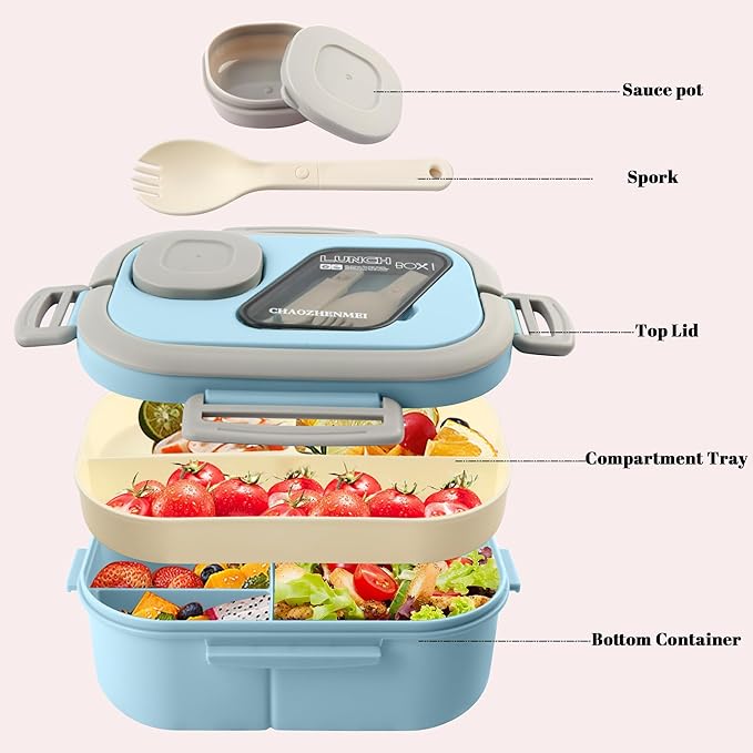 Adults Bento Lunch Box,Salad Container Large 43oz Salad Bowl, Bento-Style Tray for Toppings, 3oz Sauce Container for Dressings, and Built-In Reusable Fork
