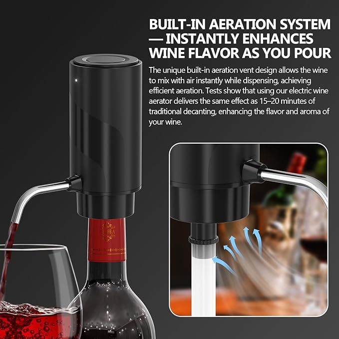 Wine Aerator Electric Decanter – Automatic Wine Dispenser & Pourer with Type-C Rechargeable Battery, Instant Aeration Wine Accessories for Red & White Wine, Valentines Gift for Wine Lovers
