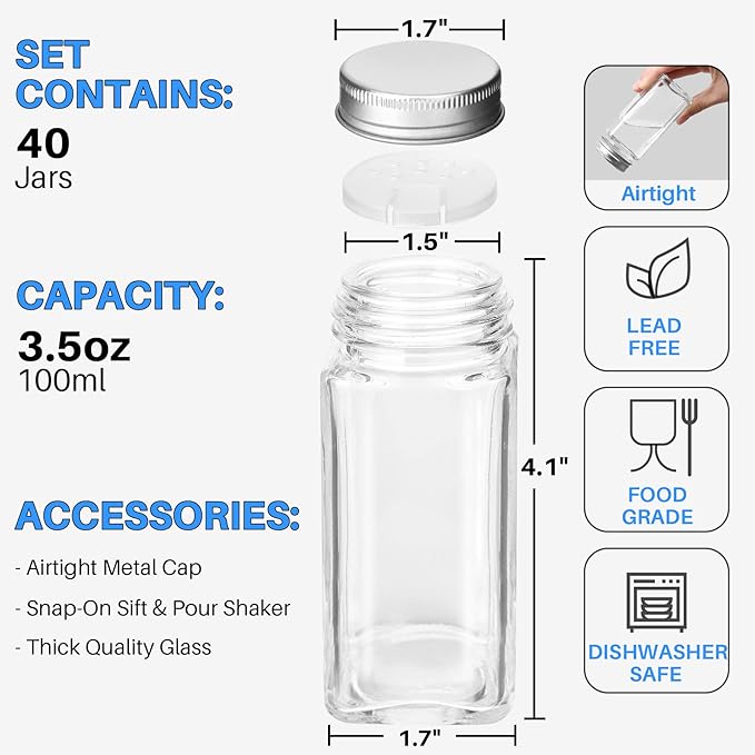 Antimbee 40-Pack 3.5 OZ Glass Spice Jars with 324 Labels, Shaker Lids and Airtight Metal Caps, Empty Reusable Square Seasoning Bottles, Spice Storage Containers, Marker and Stainless Steel Funnel