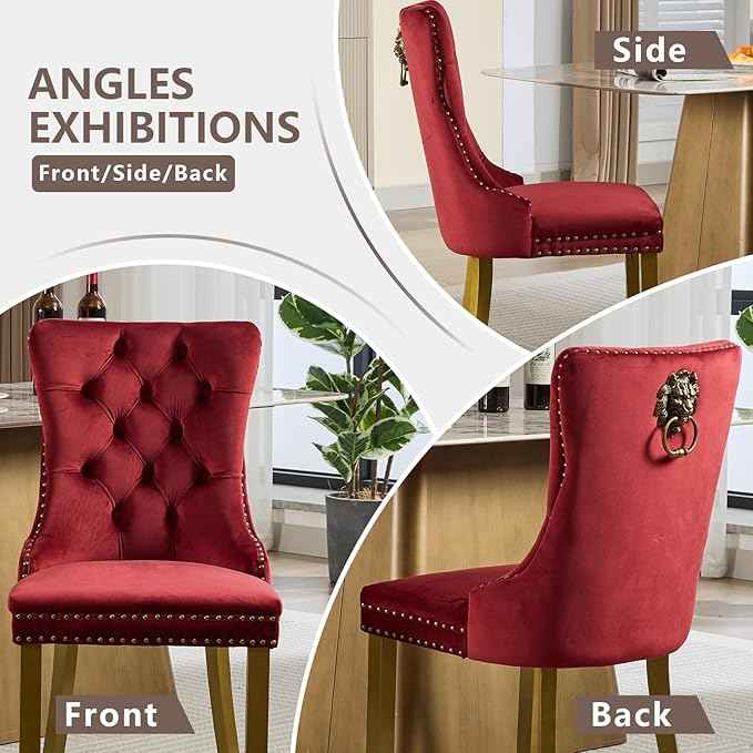 Velvet Dining Chairs Set of 6, Modern Tufted Dining Room Chair, Upholstered Dining Chairs with Lion Head Pulls Ring and Golden Solid Wood Legs, Luxury Kitchen Chairs for Dining Room, Burgundy