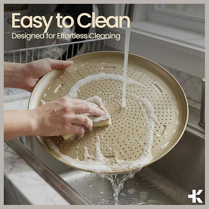Bakken 16 Inch Non-Stick Pizza Pan 1 Pack, Round Carbon Steel Pizza Tray with Perforated Holes, PFOA, PFOS, & PTFE-Free, Dishwasher & Oven Safe Up To 450°F, Durable Nonstick Coating, Gold