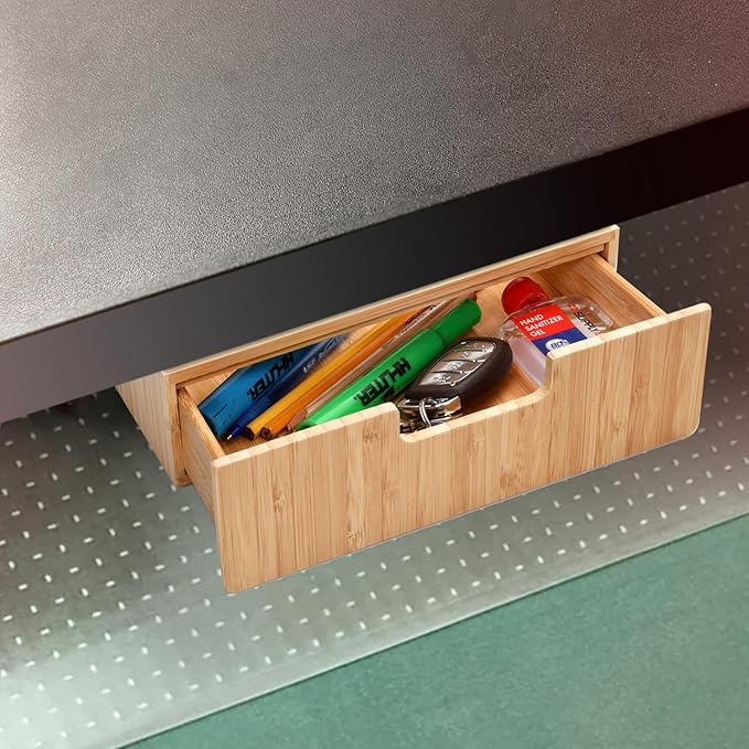 MobileVision Bamboo Mountable Drawer for Under Desk, Office Supply Storage for Pens Pencils Paper & More 9.5 x 7.5 x 2.5 INCHES (Inner Drawer Height: 1.25 IN)