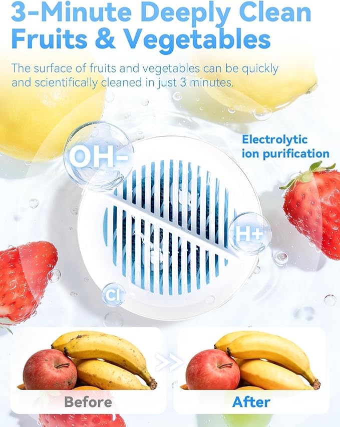Fruit and Veggie Cleaner, Produce Cleaner, Fruit and Vegetable Washing Machine, Oh-Ion Portable Food Device for Surface Residues, Ipx7 Waterproof for Berries & Meat (1Pc)