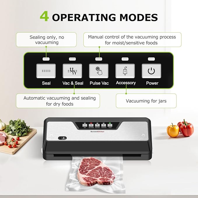 Bonsenkitchen Vacuum Sealer Machine with Built-in Cutter and Bag Storage for Sous Vide and Meal Prep | Compact Food Sealer with Multiple Modes | 1 Roll Bag & 5 Pre-Cut Bags, Black-Stainless Steel
