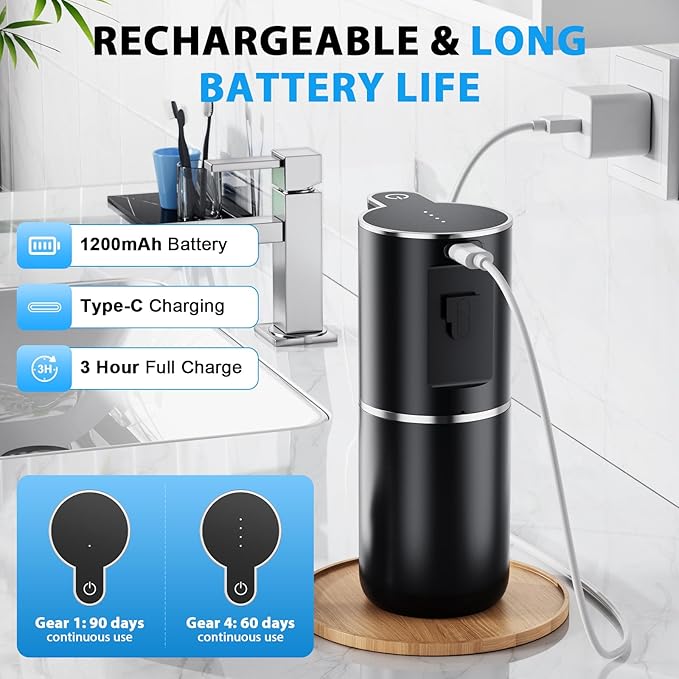 Fantictas Automatic Soap Dispenser Touchless Automatic Foam Soap Dispenser 380ML 4 Adjustable Levels 1200mAh Soap Dispensing Wall Mount for Kitchen and Bathroom,Black