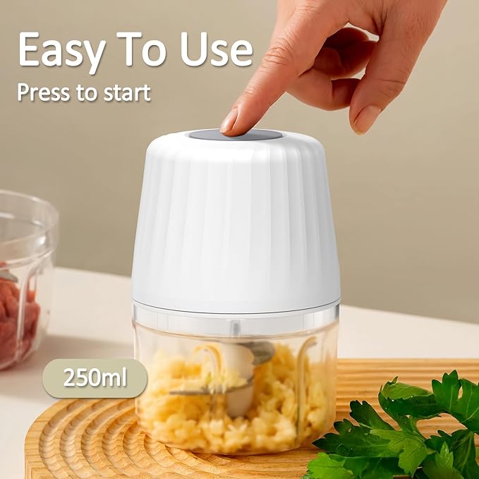 Mini Garlic Chopper, 250ml Small Food Processor Cordless 1 Cup, Battery USB-C Rechargeable Electric Food Chopper Wireless, Portable Garlic Grinder Masher,Veggie Meat Blender Mincer Kitchen Mixer,White
