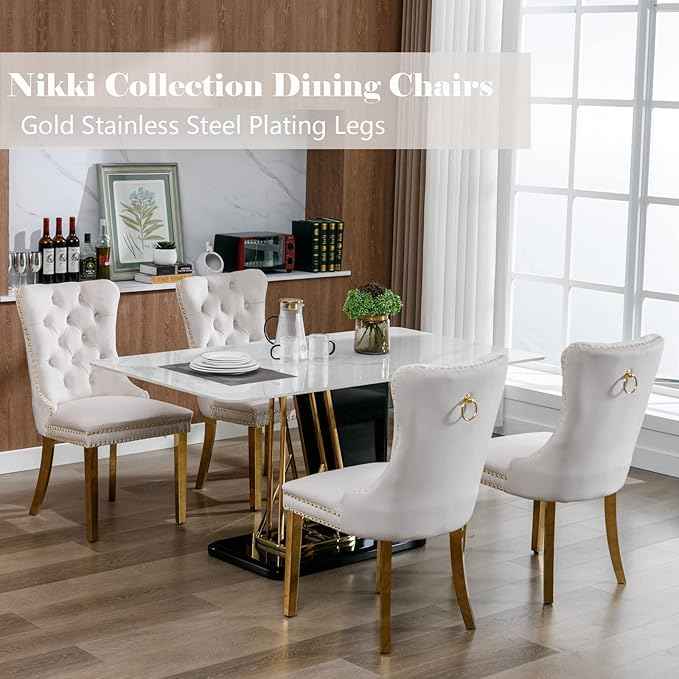 Beige Velvet Dining Chairs Set of 6, Upholstered Dining Room Chairs with Back Ring Pull Trim and Golden Stainless Steel Legs,Modern Kitchen Chairs for Dining Room,Living Room,Kitchen(Beige)