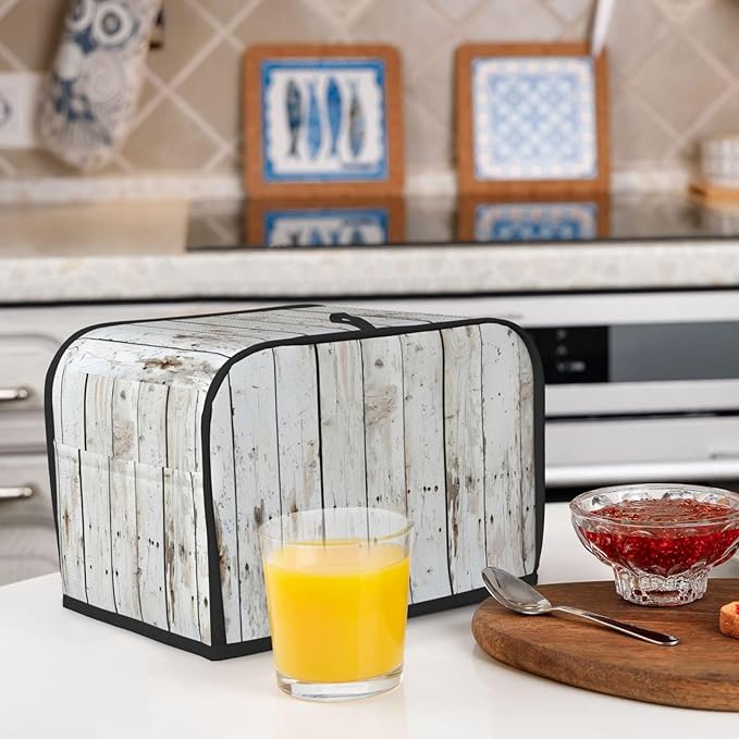 Chic White Wood Toaster Cover 2 Slice, Cute Rural Bread Machine Cover, Washable Dust-Proof Cover for Kitchen Small Appliance Cover,with Top Handle