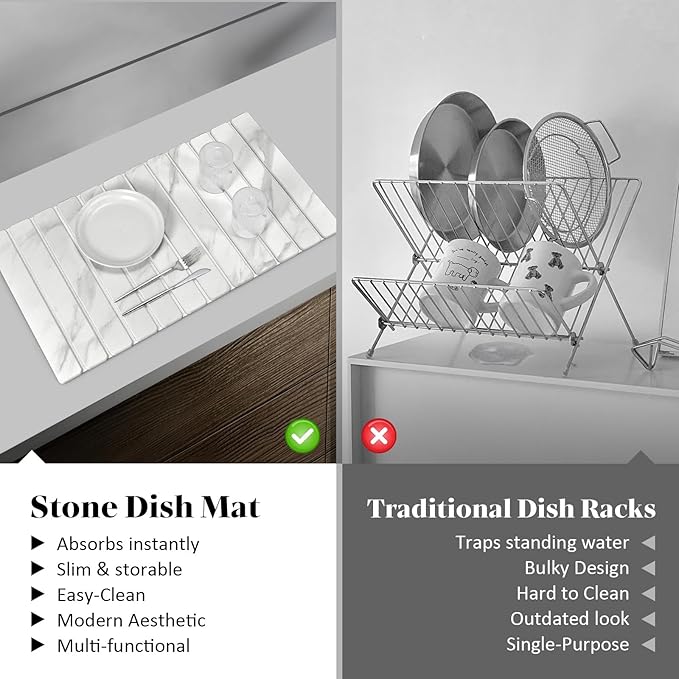 Large Stone Dish Drying Mats for Kitchen Counter, 28"×16" Marble-Pattern, Fast Drying Collapsible Dish Drying Mat, Eco-Friendly Absorbent Diatomaceous Earth Mats for Dishes Bottles, Match Countertop