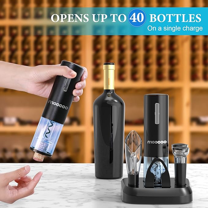 Moocoo Electric Wine Opener with Charging Base, Cordless Electric Wine Bottle Opener with 2-in-1 Aerator &Pourer, Foil Cutter, 2 Vacuum Preservation Stoppers, Display Charging Station for Easy Storage