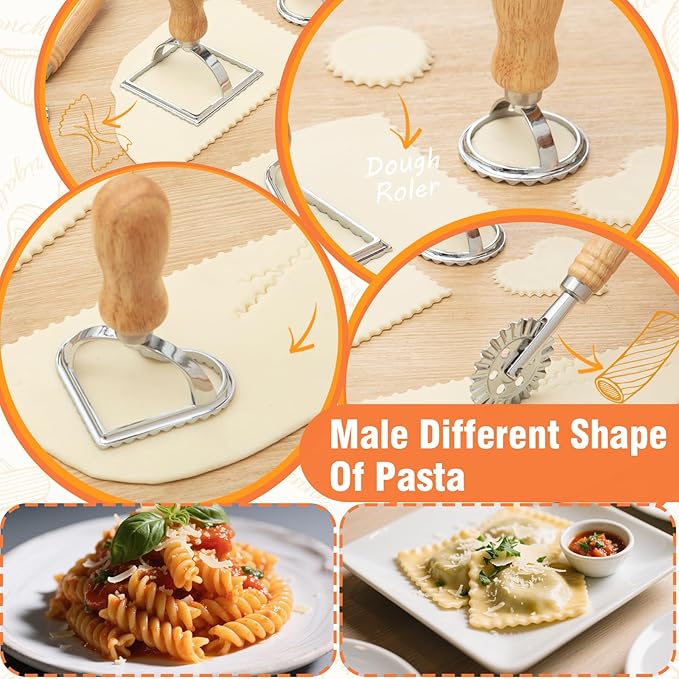 Rotary Pasta Drying Rack,Detachable Wood Pasta Rack with Pasta Molds & Stamps Ravioli with Pasta Cutter Wheel (4 pcs),Spaghetti Pasta Dryer Rack Collapsible Noodle Drying Rack Hanger Stand