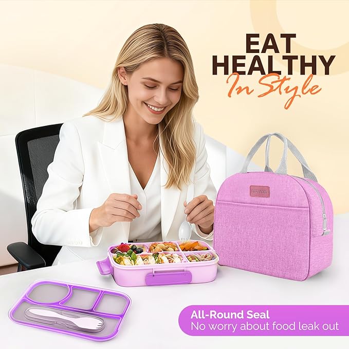 EASYFUN Bento Lunch Box Set Bento Box, 4-Compartment Lunch Containers,High Capacity Lunch Tote Bags for Work, Travel, Outdoor (Purple)