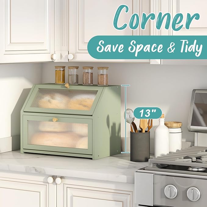 Green Bread Box for Kitchen Counter, Large Bamboo Wood Double Layer Bread Box, Wooden Bread Storage Capacity