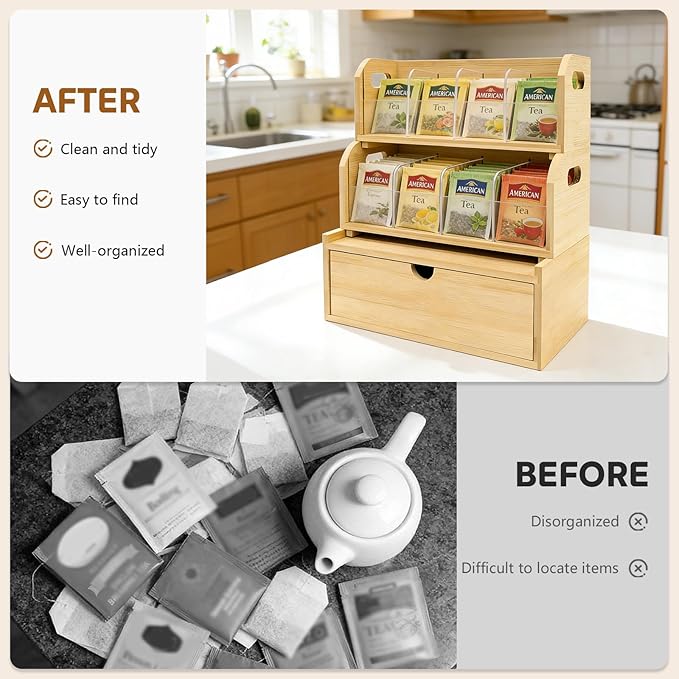3-Layer Stackable Bamboo Tea Bag Organizer with Drawer, No-Tool Assembly Tea Organizers and Storage Holder for Countertop, Cabinet, Office, Kitchen, Pantry