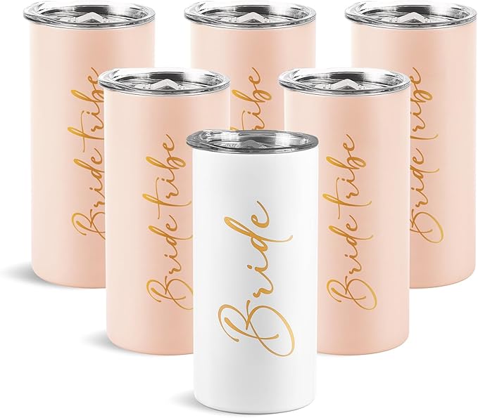 Bride Tribe Gifts Set of 6 Cups Bachelorette Party Favors Wedding Gifts for Bridesmaid Bride Stainless Steel Skinny Tumbler with Lid and Straw 15 OZ Pink