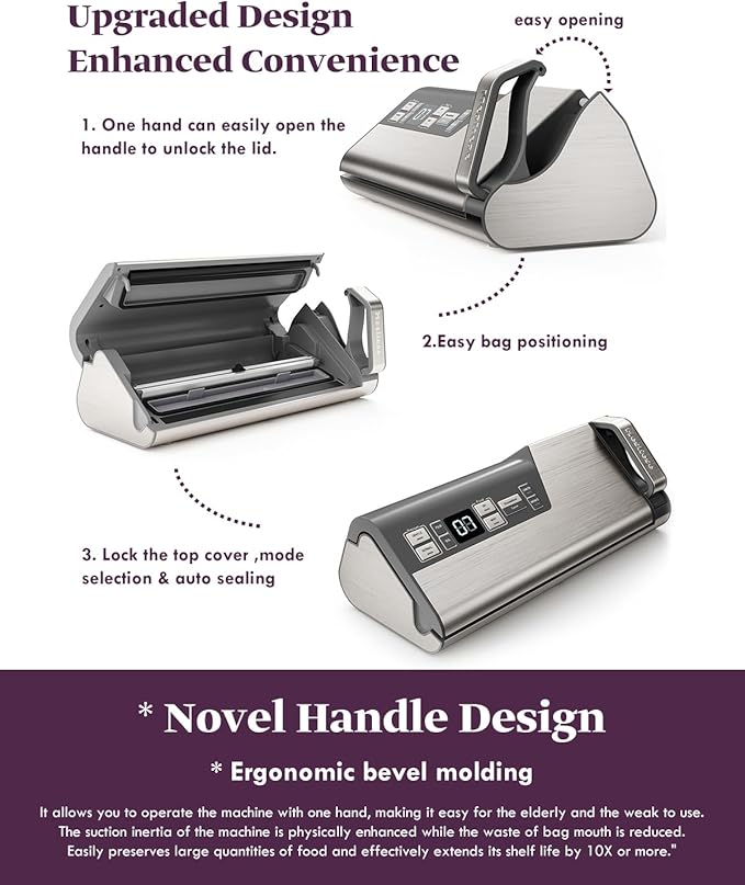Mesliese Vacuum Sealer Machine, 95kPa 140W One Hand Operation Food Sealer, Double Seal Strip with Build-in Cutter & Countdown Display, 2 Bag Rolls, 5PCS Pre-cut Bags, PULSE & Marinate Enabled