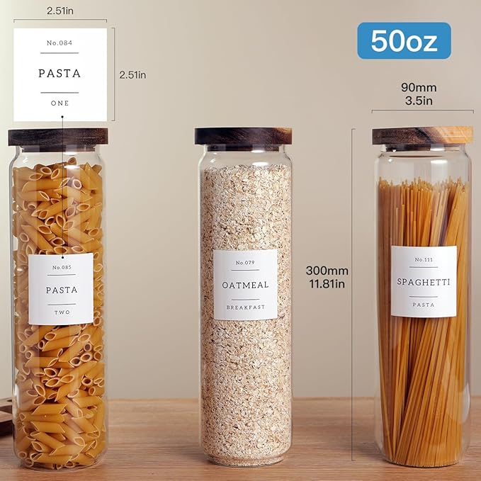 CZZGSM 3 Set Glass Pantry Storage Jars with Acacia Airtight Lid - 50oz Thicken Glass Kitchen Canisters with 132 Pantry Labels - Tall Food Storage Containers with Wood Lid for Pasta,Spaghetti,Cereal