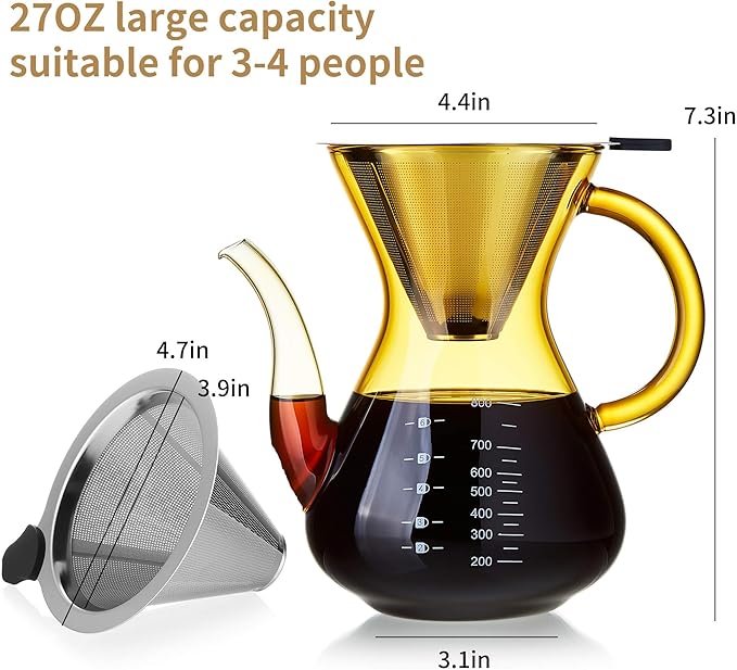Unbreakable - Pour Over Coffee Maker with Double Stainless Filter 27 fl oz, Thickened Heat-Resistant Borosilicate Glass Pour Over Coffee Dripper, Stovetop Safe