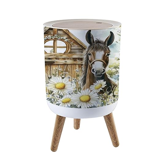 Trash Can with Lid Donkey Nature Farm Animals Seamless Pattern Hand Drawn Watercolor Press Cover Round Small Garbage Bin with Wooden Legs Waste Basket for Kitchen Bedroom Nursery 7L/1.8 Gallon