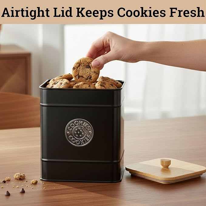 Cookie Jar with Airtight Lid - 1 Gallon - 6"D x 8"H Black Iron Cookie Tin with Bamboo Lid - Large Cookie Jars with Lids Airtight - Farmhouse Cookie Jars for Kitchen Counter Decorative - Cookies Jar