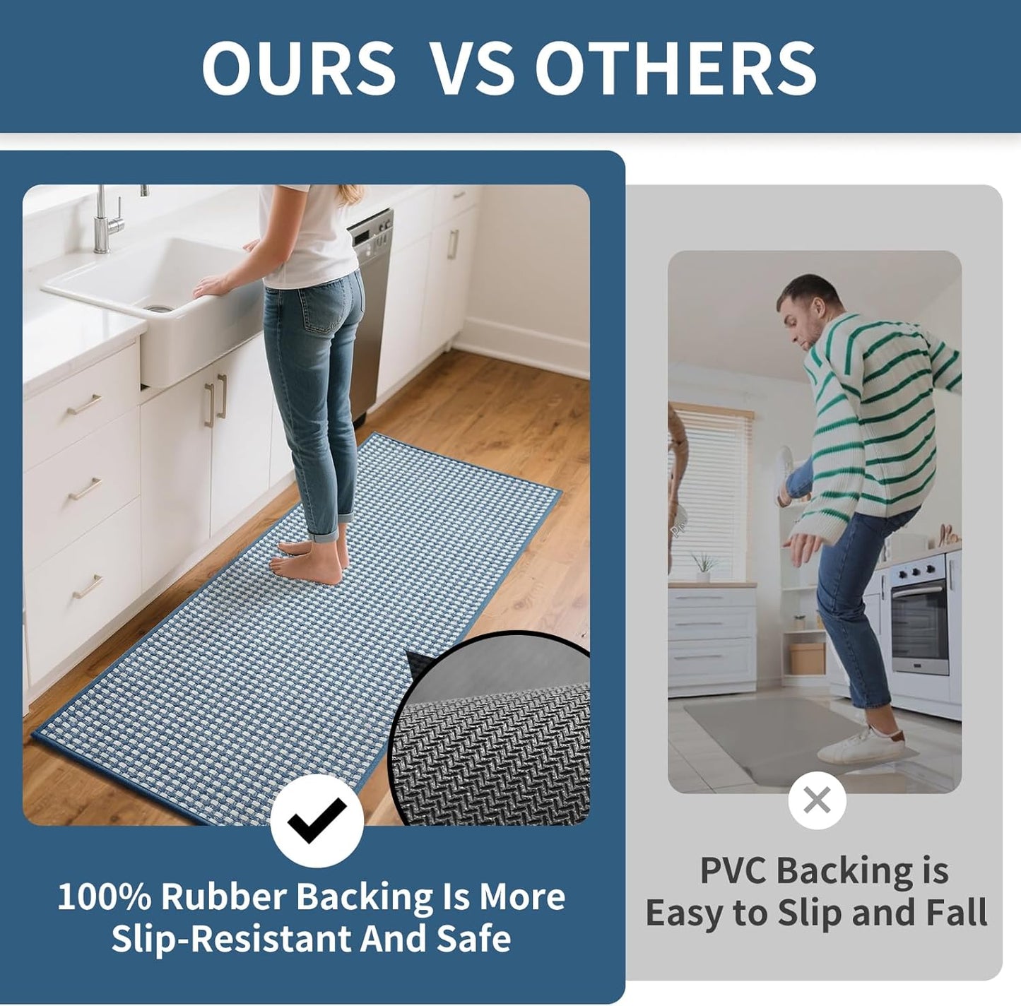 Long Kitchen Runner Rugs Kitchen Mat Non Slip Washable, Super Absorbent Soft Chenille Braided Kitchen Mats for Floor, Rubber Backing Kitchen Floor Sink Standing Mat, Easy Clean, Blue 24"x71"