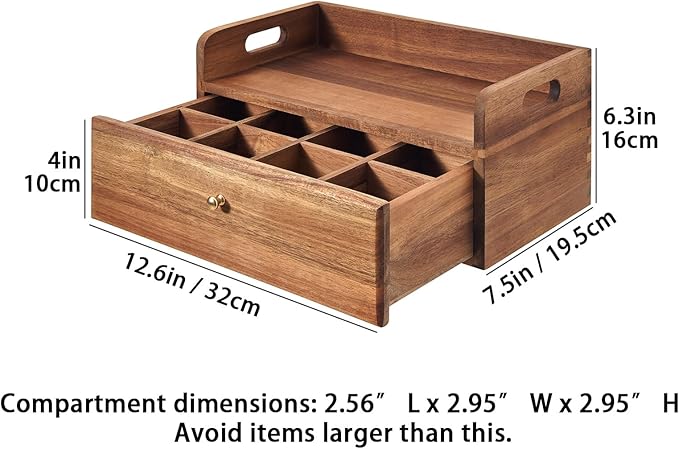 SARUFO Acacia Wood Tea Bag Organizer with Drawer - Tea Station Chest and Storage Box, Coffee and Teabag Holder with 8 Compartments, Containers and Boxes for Countertop Display